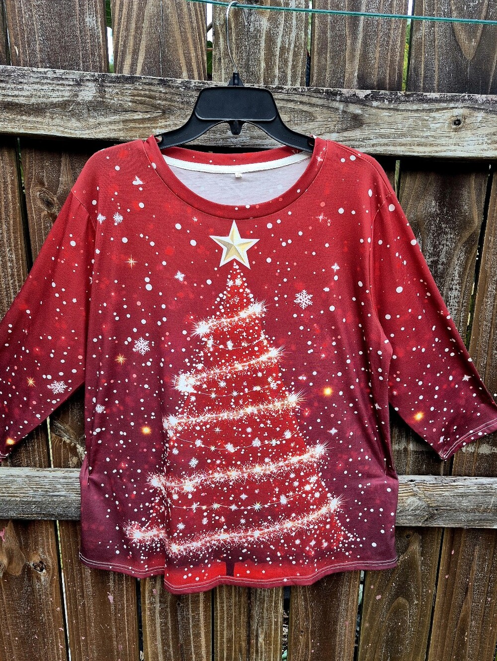 Red Christmas Tree Burgundy Polyester T-Shirt Tunic 2XL Women 3/4 Sleeves